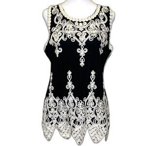 Juliette Womens‎ Sleeveless Tunic Mesh Embroidered Black White Medium